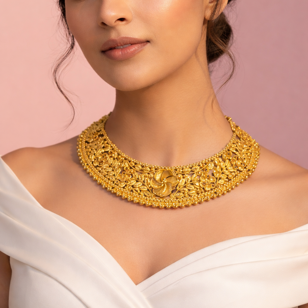 Woman wearing a gold necklace against a pink background